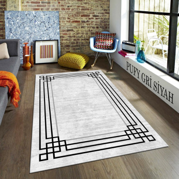 Pufy Gri-Siyah Deri Taban Halı