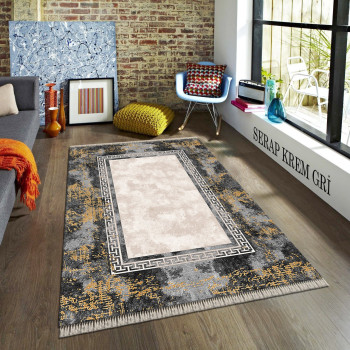 Serap Krem-Gri Deri Taban Halı