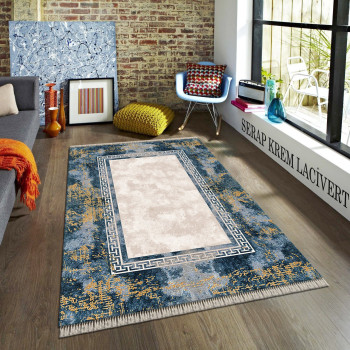 Serap Krem-Lacivert Deri Taban Halı